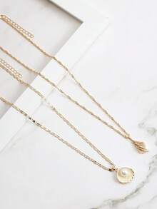 Shescity 3pcs/Set Fashionable Personalized Shell, Pearl, Seashell Pendant Necklace, Coastal Style Versatile Necklace For Women - Yellow Gold - View 6