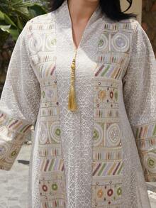 女士刺绣网眼立领亮片长袖连衣裙，优雅的 Jalabiya - NC03 - 查看 3