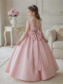 少女优雅蝴蝶结后背深 V 领公主裙，适合生日派对、婚礼、花童、舞会、节日场合 - 粉色 - 查看 1