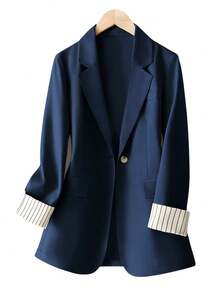 Women's Cuff Striped Patchwork One Button Regular Blazer - Navy Blue - View 3