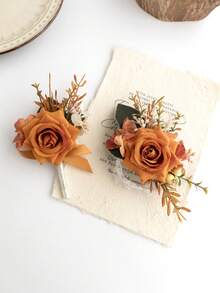 Conjunto de 2 peças de flores artificiais laranja queimado com toque realista: boutonnière e corsage de pulso para casamento boho de outono. Corsage de pulso para noiva, boutonnière para noivo, flores artificiais para casamento/baile de formatura/festa de boas-vindas, etc. (Champagne, Laranja Queimado) Acessórios para o Dia dos Namorados - Ver 2