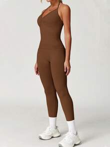 Yefecy 女士健身套装（2件套），露背背心和高腰褶皱无缝紧身裤，运动服 - 棕色 - 查看 4