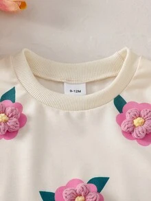 秋冬女童两件套，女宝宝套装 - 白色3D立体花朵卫衣+亮粉色罗纹裤，甜美清新，圆领长袖，可爱手工花朵装饰 - 粉色 - 查看 5