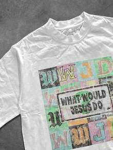 (220 Pure Cotton T-Shirt) "WHAT WOULD JESUS7DO" Letter Print Men's Summer Round Neck Short Sleeved Casual Pure Cotton Print Religious Thinking,  Memes, Retro Sentiment, Jesus Thinking, Retro Fun Believe In Jesus﻿ ... Value Declaration T-Shirt, Burning Bright, No Outing, Strength, Respect Streetwear Shirt, Hometown Flag, Warning, Fashion Clothing, Pattern T-Shirt For Women, Interesting Pattern T-Shirt, Pattern T-Shirt For Men, 100% Cotton T-Shirt, Designed For Youth And Fashion. They're Here, Perfect For Casual Wear And Street Style. They Are Excellent Gifts For Friends And Family. - 白色 - 查看 2