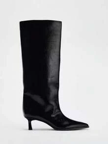 Stivali alti sopra il ginocchio con punta affusolata e tacco sottile, design reversibile con bottoni e patchwork, tacco a rocchetto, novità estate/autunno 2025 per donna - nero - Visualizzare 2
