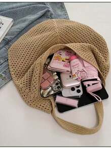 Large Capacity Crochet One Shoulder Tote Bag - Lightweight, Multifunctional Knitted Handbag, Beige, Pink, Brown, Black, Suitable For Travel, Beach, Vacation And Daily Use, Large Tote Bag