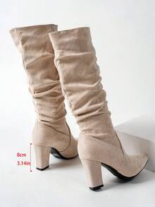 弹力针织尖头高跟长靴，新款秋季高跟度假风女靴，褶皱设计，拉长腿部线条，适合音乐节穿着，百搭切尔西靴，舒适布靴 - 卡其色 - 查看 9