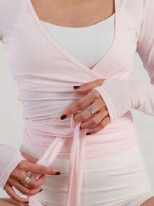 Women's Ballet Wrap Tops V Neck Long Sleeve Slim Fit Self Tie Workout Pilates Yoga Wrap Tops Y2k Dance Shirt - 粉色 - 查看 6