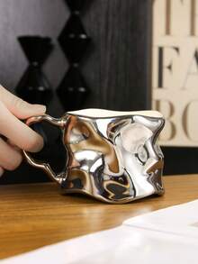 1pc Handmade Silver-Plated Ceramic Wavy Mug, Suitable For Latte, Coffee, And Milk Tea At Home Or Office