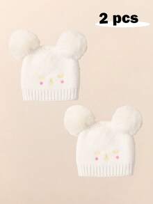 2 pezzi Cappellino neonato/bambino con doppia pallina, occhi chiusi e viso sorridente ricamato, berretto in maglia per neonati, bambini piccoli, inverno caldo cappello in maglia per bimbi e bimbe - Multicolore - Visualizzare 13