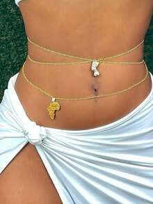 2 Pieces Set Of Golden Pharaoh Head Portrait American Map Waist Chain Set Fashion Retro Metal Waist Chain Body Chain Party Dance Jewelry