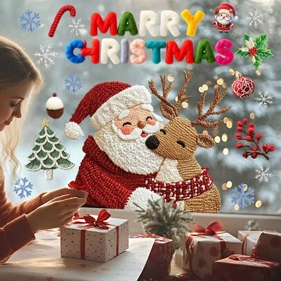1pc Christmas Window Sticker, Plush Design Text, Colorful Festive Colors, Snowman, Santa Claus Figures, Suitable For Christmas Home Decor, Wall/Window Sticker, Retail Store Display, Party Supplies