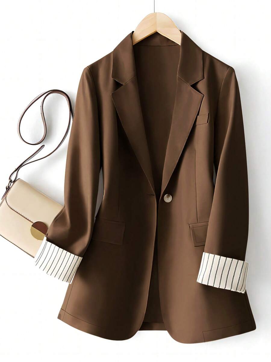 女式袖口条纹拼布单扣常规西装外套 - 巧克力棕 - 查看 1