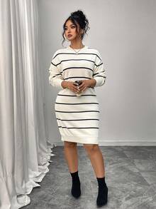 Plus Size Women Contrast Stripe Ribbed Casual Long Sleeve Knit Dress - Black and White - View 5