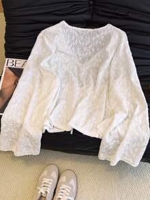 Selcouth Plus Size Women Solid Color Casual V-Neck Long Sleeve Tie Front Shirt, Floral Jacquard Textured Long Sleeve Fitted Top, Fall Outerwear Tops For Women - White - View 3