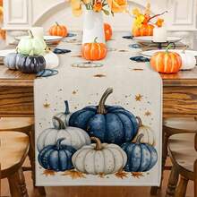 1pc/10pcs Pumpkin Pattern Table Runner, Thanksgiving Table Runner, Thanksgiving Blue & White Table Runner, Blue & White Table Runner, Ocean Holiday Table Runner, Autumn Harvest Table Runner, Seasonal Home Decor, Farmhouse Style, Faux Linen Material, 33*91CM/33*183CM/33*274CM, 3 Size Options, Indoor/Outdoor Home Decor, Party Supplies, Pumpkin Theme Decoration, Room Decor. Suitable For Home Kitchen Decor And Event Party Decoration - Multicolor - View 5