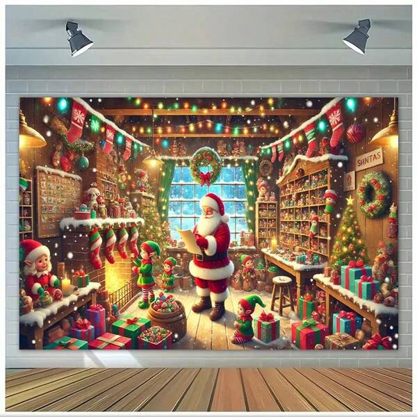 1pc 2D Santa's Workshop Christmas Scene Backdrop, Polyester Wall Hanging Flag, Universal Holiday Party Decor, No Power Needed, Multi-Purpose Holiday Decoration, Suitable For Indoor And Outdoor Celebrations
