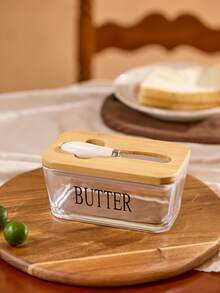 Cirelle 1pc Acacia Wood Lid Glass Butter Dish Set. Thick Glass Butter Container With Bamboo Lid For Home Kitchen, Large Butter/Cookie/Snack Storage, Suitable For Gifts, Christmas Present - Multicolor - View 3