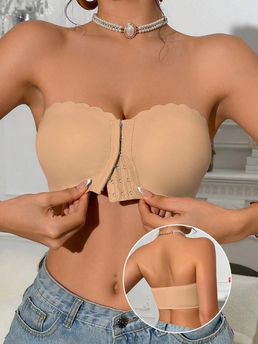 1pc Khaki Front Clasp Scoop Neck Bandeau Bra With Wide Silicone Grip Band, Comfortable Padded Seamless Bralette, Strapless Wireless Bra