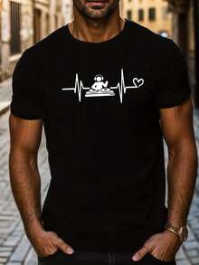 Camiseta Casual de Manga Corta para Hombre con Estampado Geométrico - Poliéster Transpirable, Cuello Redondo, Lavable a Máquina - Perfecta para Todas las Estaciones - Negro - Ver 1