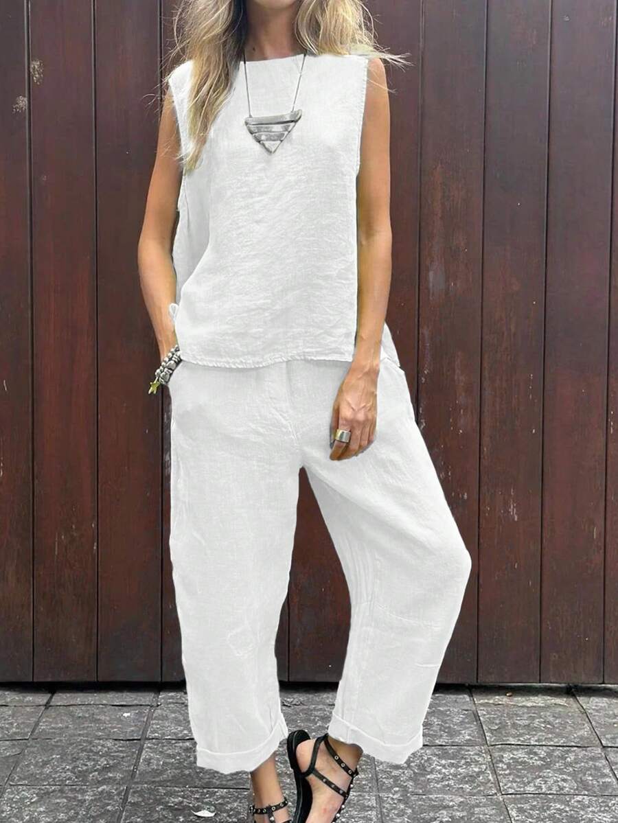 Women's Casual Daily Fashion Solid Color Tank Top And Pants 2 Pieces Set White Summer - White - View 1