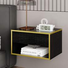 Gold Nightstand Set Of 2, Modern Bedside Table With Drawers And Open Shelf, Floating Design, Small Side Table For Bedroom, Black/ White - Black - View 6