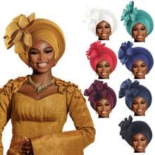 非洲传统头巾，Aso Oke 材质，镶嵌水钻，女士款，非洲头巾帽，自动 Gele 头巾，手工时尚头饰，适合婚礼、派对及其他节日佩戴，亦可作睡帽。 - 彩色 - 查看 10