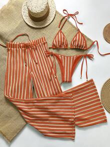 三件套女士钩针比基尼套装，含裤子和沙滩罩衫，欧式泳装，适合女士夏季度假、复活节、节日、郊游、约会之夜等场合，所有女士服装，秋季 - 橘色 - 查看 2