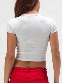 Women's Solid Color Round Neck Short Sleeve Short Slim Fit Casual T-Shirt - 白色 - 查看 5