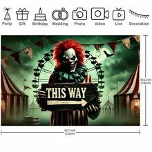 1 件恐怖马戏团小丑背景横幅 - 带有“这边走”徽标、红白条纹帐篷、蝙蝠和骷髅设计，适用于派对、万圣节和户外装饰、节日礼物、车尾派对、多功能装饰 - 彩色 - 查看 4
