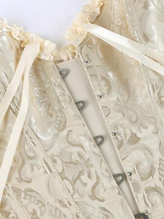 Corset Overbust Bustier, Classic Corset Shapewear, Strapless Sweet Fitted Boned Bodysuit, Ruffle Trim Waist Cincher, Backless Tummy Control Top, Suitable For Masquerade, Halloween