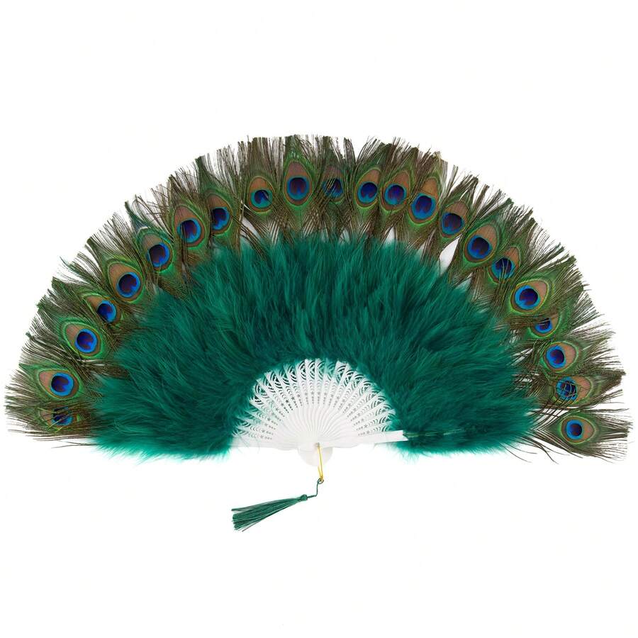 BABEYOND Roaring 20s Vintage Style Peacock & Black Marabou Feather Fan Flapper Accessories For Costume Halloween Dancing Party Tea Party Variety Show (Dark Green-White Rib) - 墨綠色 - 查看 1