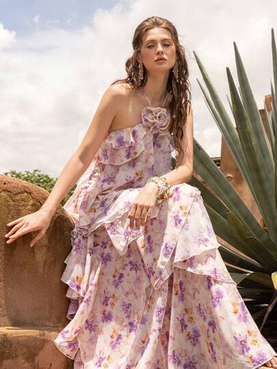 Faeriesty BohoBloom Women's Backless Maxi Dress: Backless Design With Adjustable Tie Straps, Decorated With 3D Floral Appliques And Layered Ruffle Hem. Suitable For Casual Outings, Beach Vacations, Weekend Getaways, And Garden Parties.
