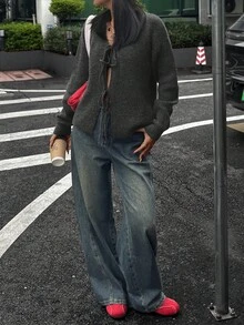 女士冬秋季毛衣街头潮流 Y2K 休闲简约日常百搭通勤风格系带蝴蝶结 V 领修身纯色超大开衫情人节、约会、派对、旅行和拍照、感恩节的完美选择 - 深灰色 - 查看 6