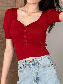 Women's Button Decor Ruched Short Sleeve Knit Top Summer Red - Red - View 4