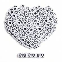 200/600Pcs 6mm Square/7mm Flat Round Acrylic Beads Cross Pattern Beads Loose Spacer Beads For Jewelry Making DIY Bracelets Accessories - 白底黑字/方形 - 查看 5