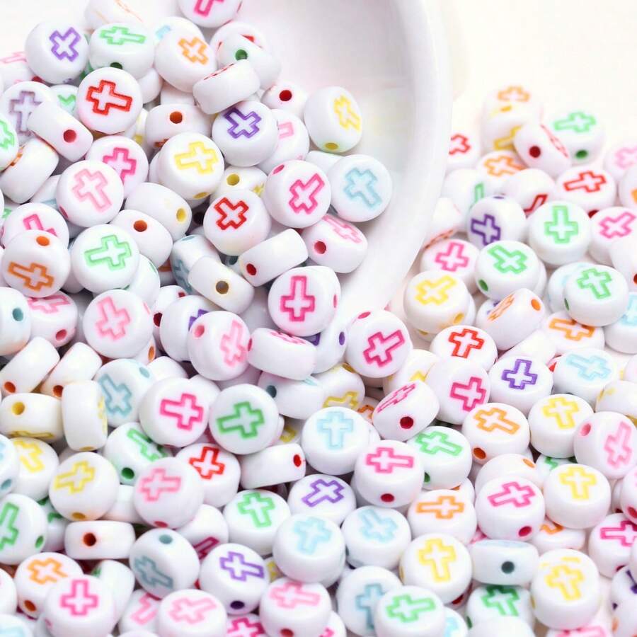 200/600 cuentas acrílicas cuadradas de 6 mm y redondas planas de 7 mm con diseño de cruz, cuentas espaciadoras sueltas para hacer joyas, pulseras y accesorios. - Fondo blanco con caracteres coloridos/círculo plano - Ver 1