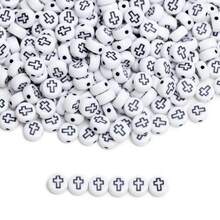 200/600Pcs 6mm Square/7mm Flat Round Acrylic Beads Cross Pattern Beads Loose Spacer Beads For Jewelry Making DIY Bracelets Accessories - Chữ đen trên nền trắng/Oblate - Xem 5