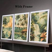 1/3 piezas Decoración de pared de acuarela retro de selva tropical de vacaciones, decoración de pared de cascada, arte de decoración de pared opcional, póster de acuarela hawaiano, mural decorativo del hogar de vacaciones, decoración del hogar, póster de lienzo - Multicolor - Ver 36