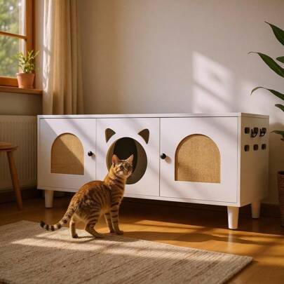 Modern Wood Cat Cabinet With Sisal Cat Scratcher, Cat Litter Box Enclosure With Storage, Cream White Side Table