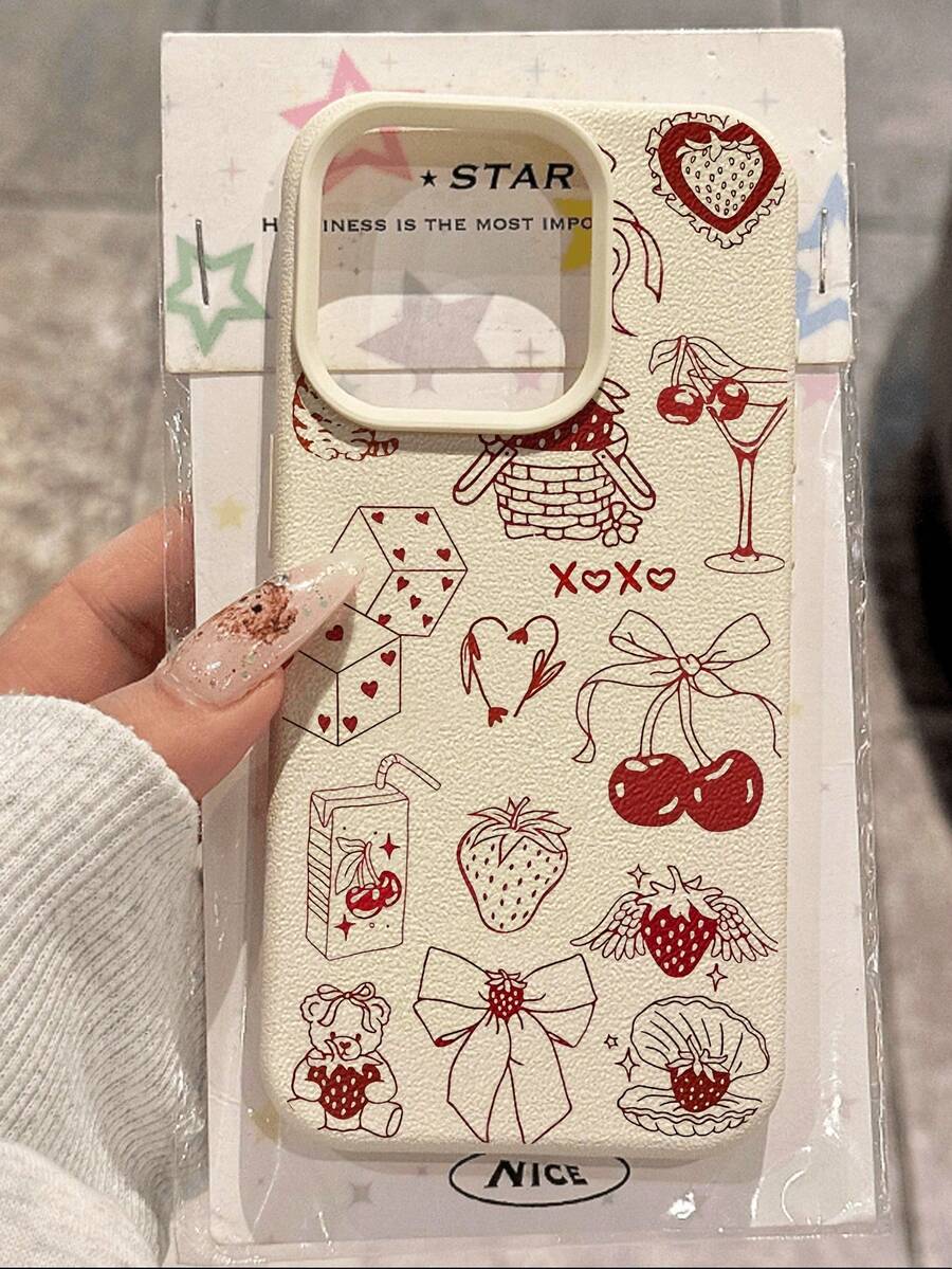 1pc Vintage Fashionable Red Cherry Bow Illustration Textured Anti-Drop Soft Phone Case, Compatible With Apple, Phones - Multicolor - View 1