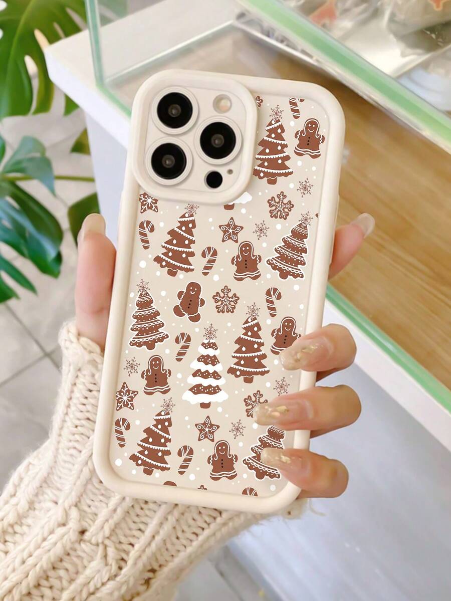 1 pezzo Custodia per telefono in arenaria beige con grafica di albero di Natale e omino di pan di zenzero, compatibile con 16/16Pro/16Plus/15/15ProMax/15Pro/11/12/13/14ProMax/12Mini/13Mini/11Pro/11ProMax/12Pro/12ProMax/13Pro/13ProMax/14Pro/14ProMax, custodia morbida, creativa e premium