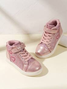 Giày thể thao cổ cao cho trẻ mới biết đi bằng da mềm, chống trượt, nhẹ, thời trang cho bé gái và bé trai, giày thể thao thường ngày có họa tiết trái tim và đá quý, mùa xuân/thu - Hồng - Xem 4