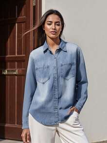 Women Denim Shirt, Long Sleeve Button-Down Solid Jacket Fall Tops With Pockets For Casual Daily - Blue - View 1