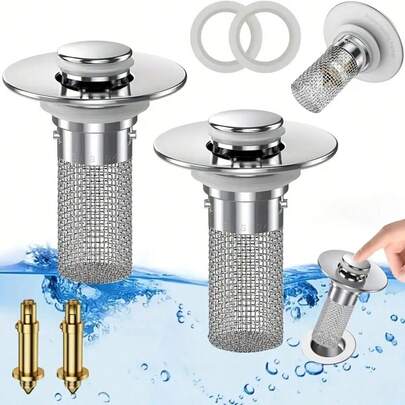 1.34-1.57 Inch Sink Drain Stopper, One-Piece Press-Down Filter Bounce Core Deodorizing Drain Plug, Bounce Bathroom Sink Drain, Stainless Steel Bathroom Sink Drain, Sink Hair Catcher Filter, Bathroom Accessories, Suitable For All Seasons