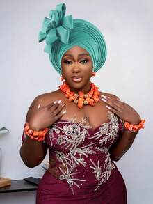 非洲传统头巾，Aso Oke 材质，镶嵌水钻，女士款，非洲头巾帽，自动 Gele 头巾，手工时尚头饰，适合婚礼、派对及其他节日佩戴，亦可作睡帽。 - 彩色 - 查看 8