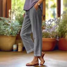 Straight Leg Linen Pants Women - 深卡其色 - 查看 3