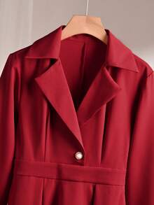 优雅女士深V领连衣裙，法式时尚风格，百搭欧式衬衫领连衣裙，修身学院风连衣裙，红色中长休闲连衣裙，适合办公室穿着 - 紅色 - 查看 5