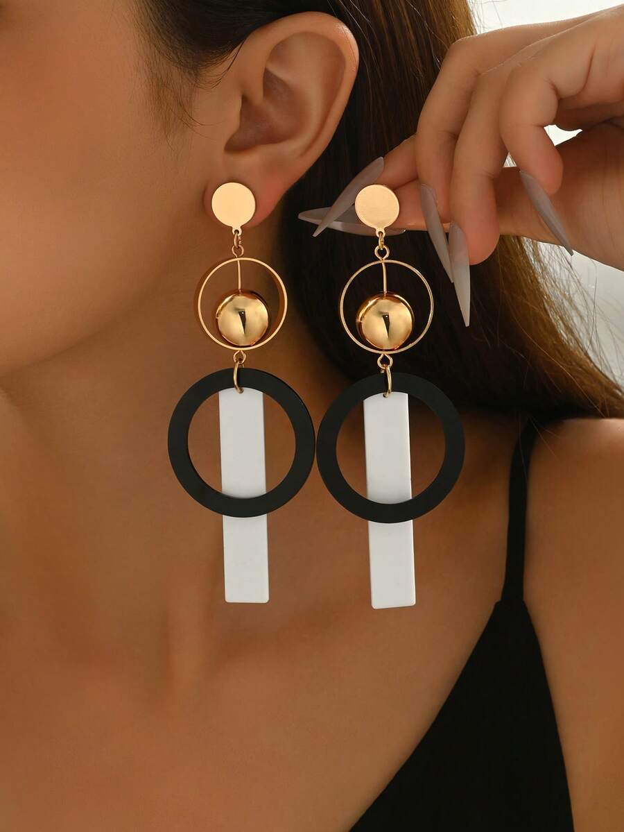 1 Pair Fashionable Geometric Hollow Circle & Square Combination Vintage Minimalist Creative Design Earrings, Versatile For Women To Wear Daily, Festivals, Parties, Vacations And Various Occasions