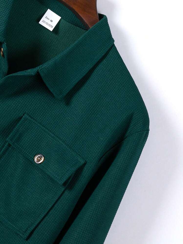 2 piezas Conjunto de camisa casual de unicolor con cuello y bolsillos + pantalones para hombre, de tela de poliéster ligera para ocio, deportes y vacaciones, primavera/otoño - Verde Oscuro - Añade 6